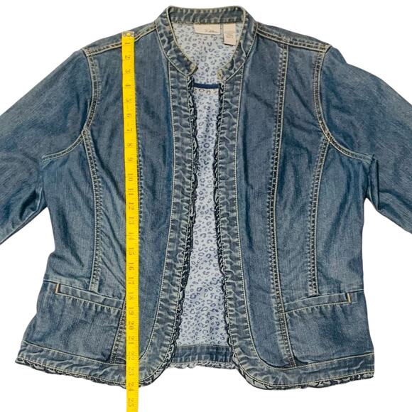 CHICO's PLATINUM Jean Jacket Size 2 ( Size L / 12 ) Ruffle Detail Band Collar - Picture 5 of 7
